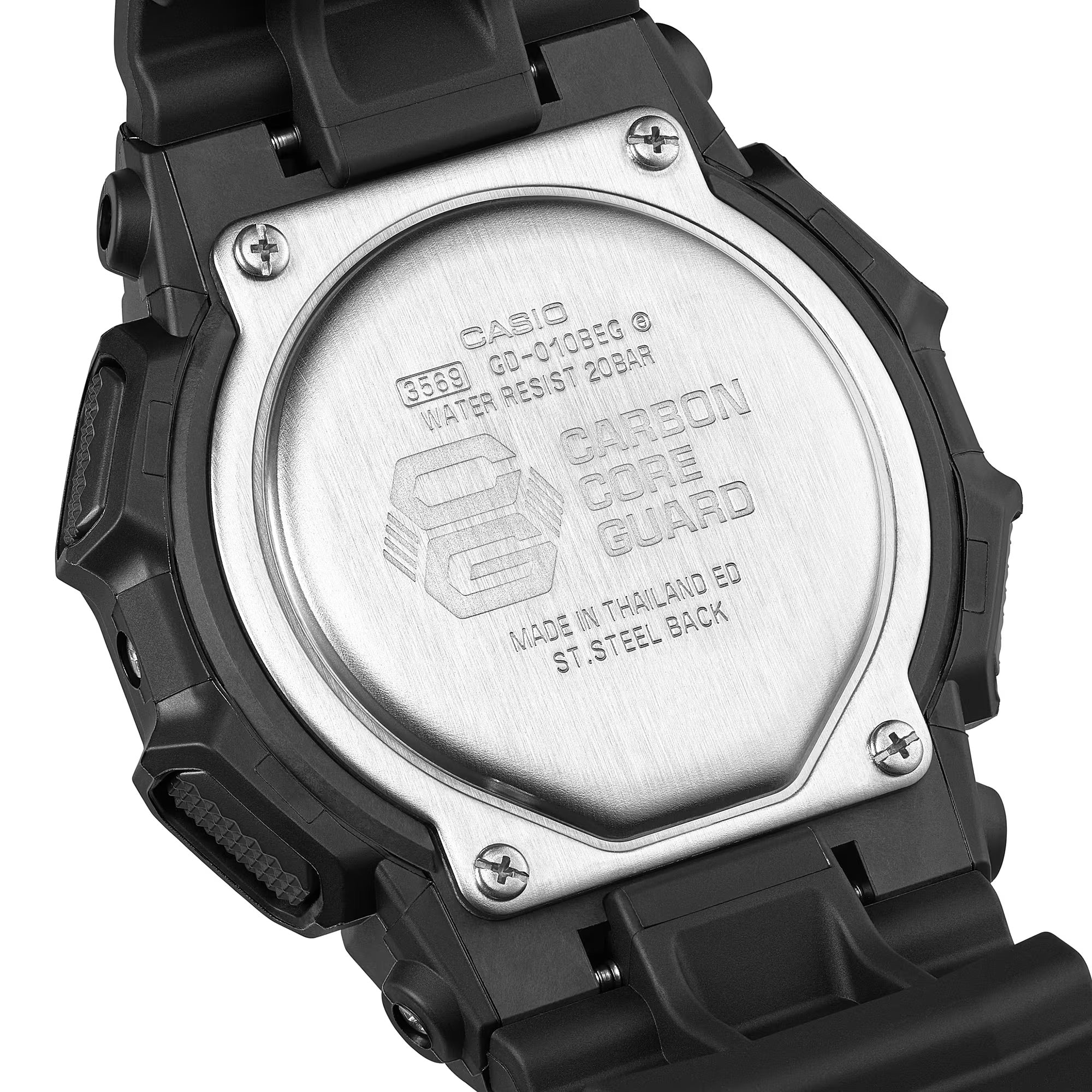 Back view of a Casio watch with carbon core guard feature on a white background