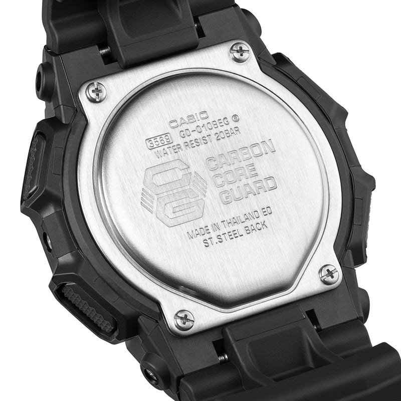 Back view of a Casio watch with carbon core guard feature on a white background