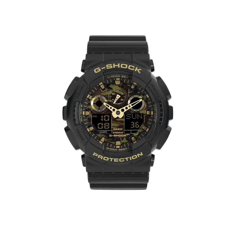 Casio G-Shock GA-100CM analogue-digital watch with black resin case, black resin strap and camouflage dial, front view.