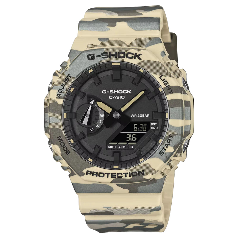 Casio G-Shock GA-2100CM-5A analogue-digital watch with beige camouflage resin case and strap, front view.