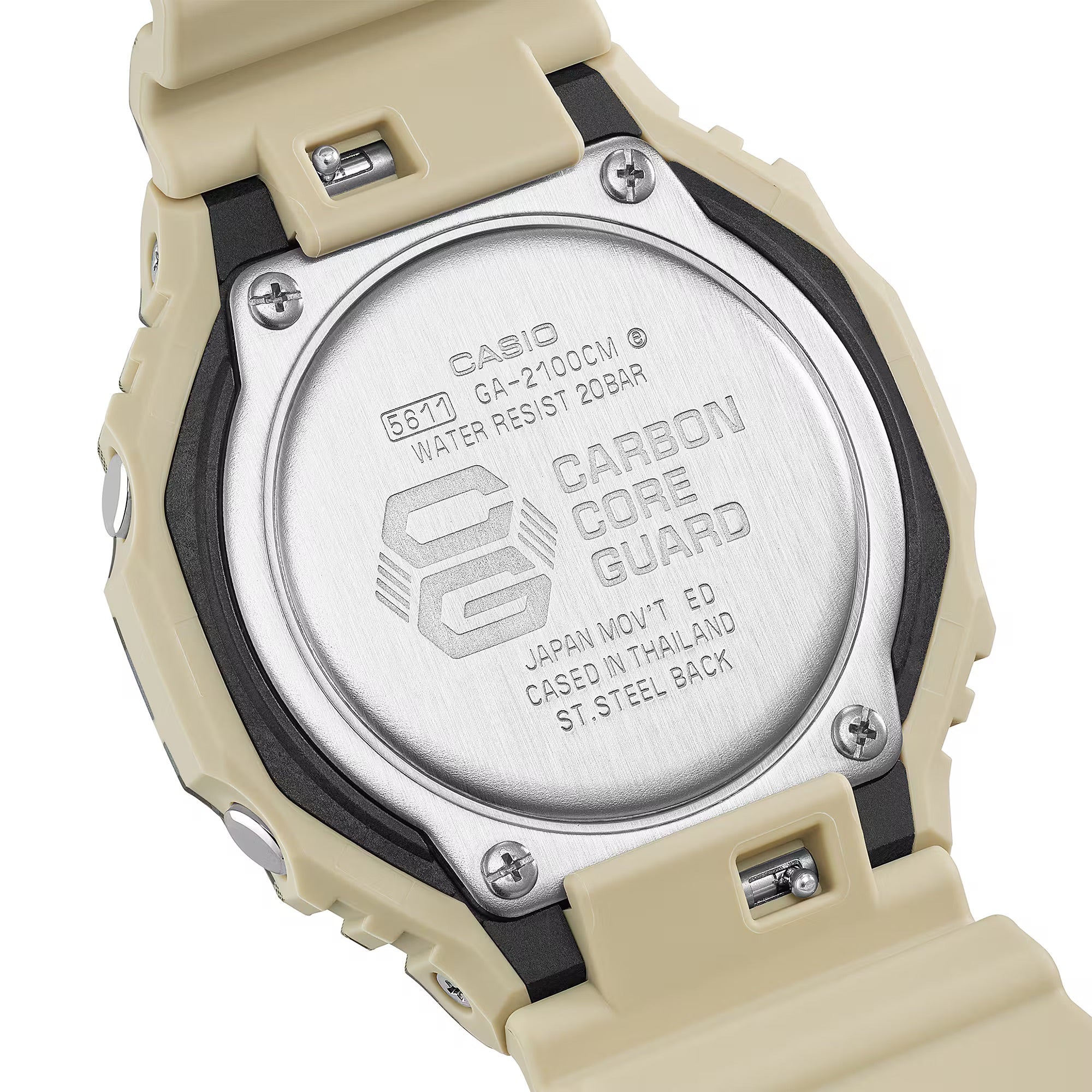 Casio G-Shock GA-2100CM-5A analogue-digital watch with beige camouflage resin case and strap, front view.