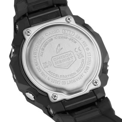 Rear view of a black Casio G-SHOCK watch showing the stainless steel case back with G-SHOCK Resist engraving, four securing screws and black resin strap.