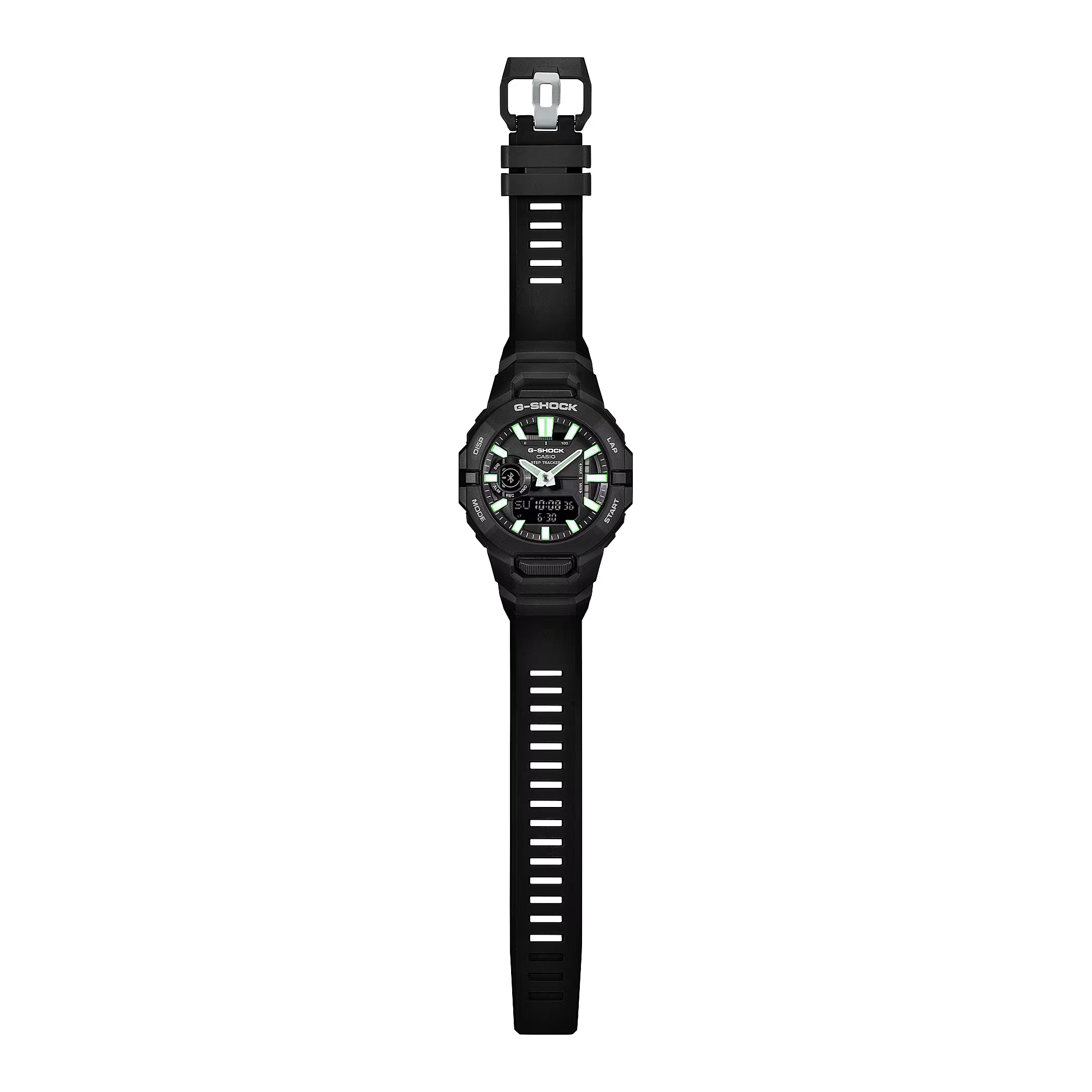 Full-length view of a black Casio G-SHOCK ana-digi watch with a black resin strap, green luminous hour markers, silver hands and digital display.