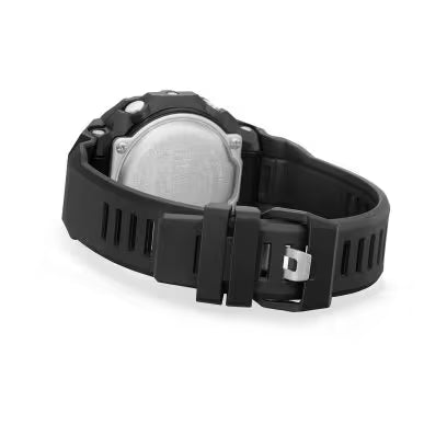 Rear view of a black Casio G-SHOCK watch showing the stainless steel case back, black resin strap and adjustable buckle fastening.