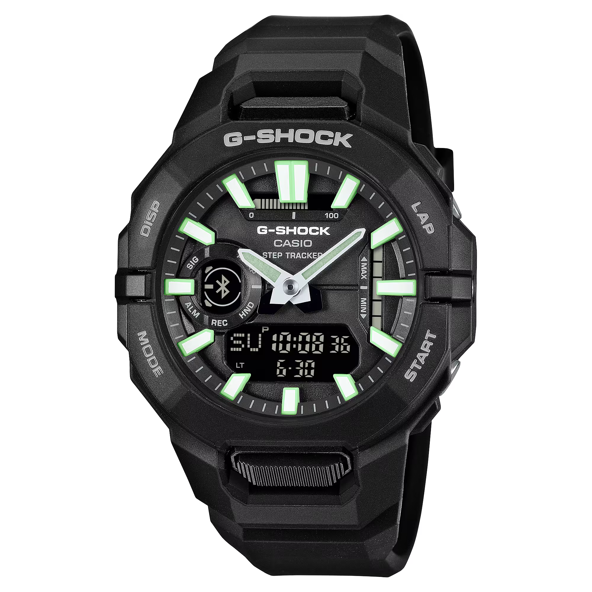 Black Casio G-SHOCK ana-digi watch with a black resin strap, green luminous hour markers, silver hands and digital display.