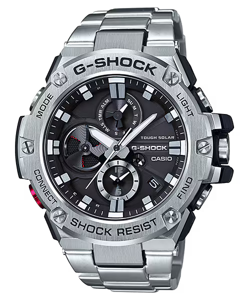 G-Shock Casio watch with silver metal band and black dial on a white background