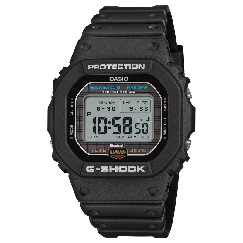 Black Casio G-Shock digital watch on a white background