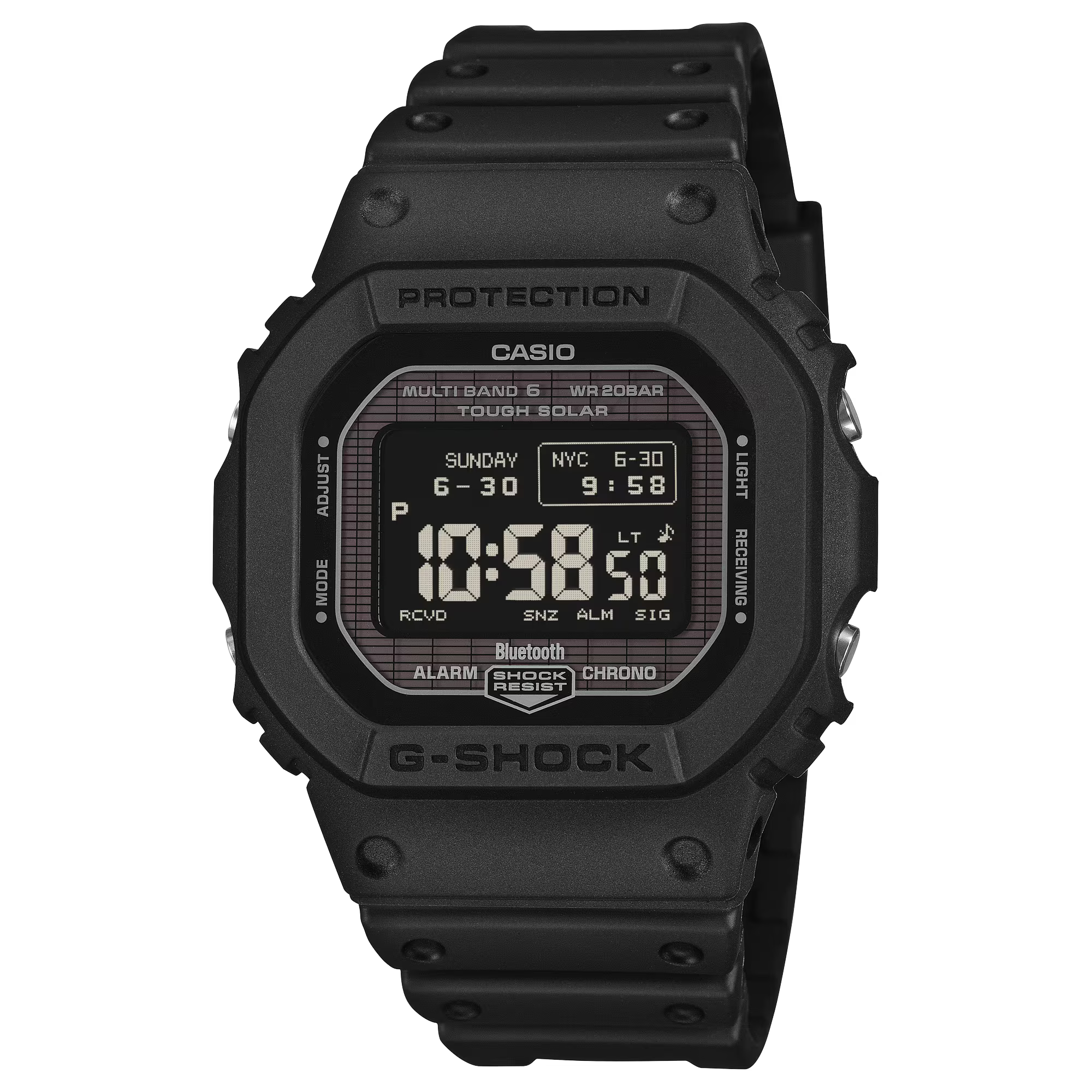 Black Casio G-Shock digital watch on a white background