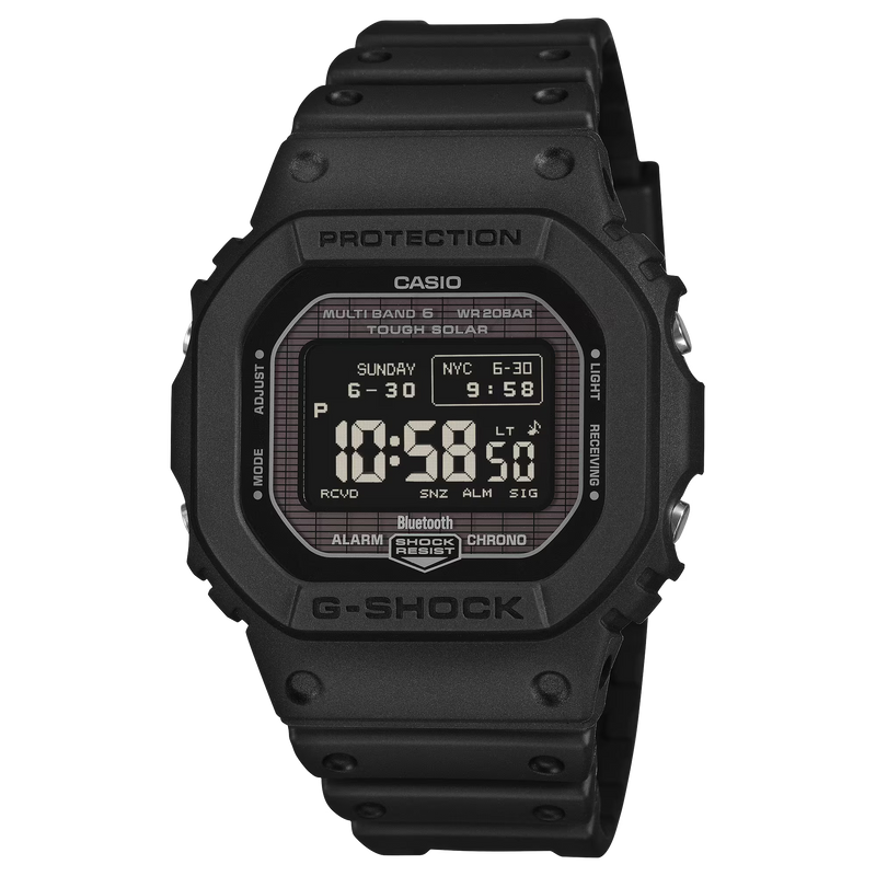 Black Casio G-Shock digital watch on a white background