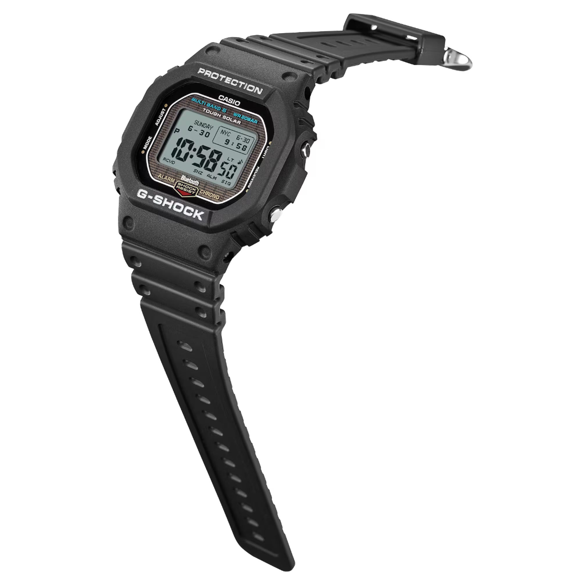 Black Casio G-Shock digital watch on a white background