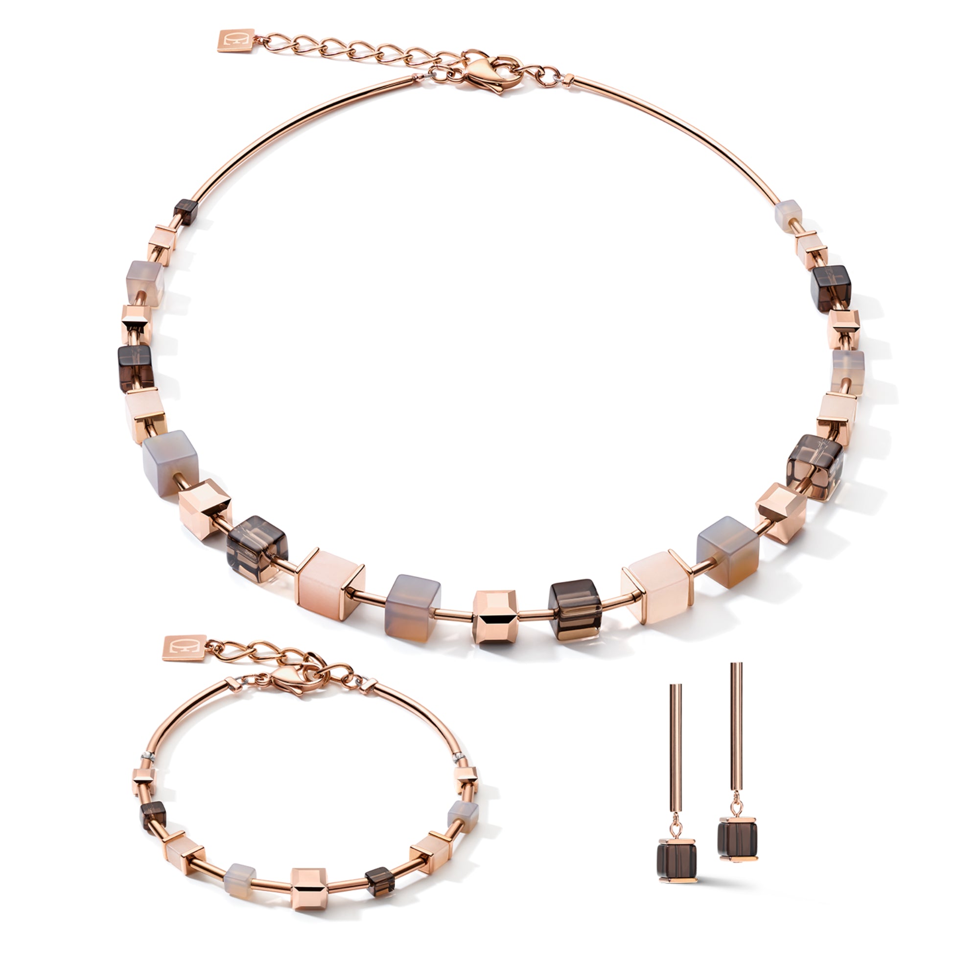 GeoCUBE Big Gemstones, Swarovski Crystals & Stainless Steel Rose Gold Brown Earrings