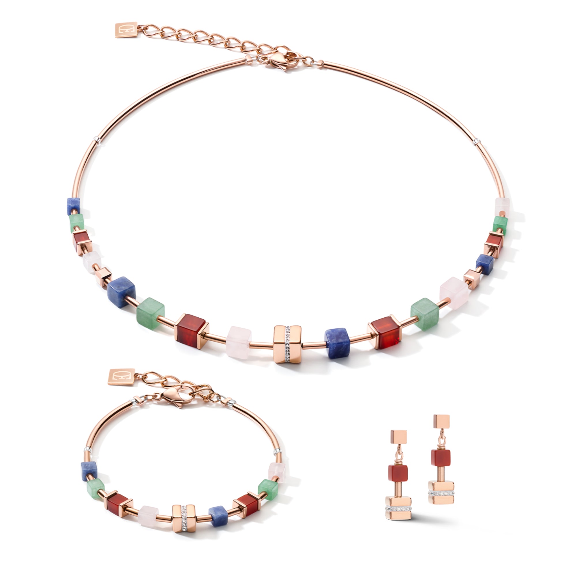 GeoCUBE Big Cube Crystals Pave, Gemstones & Stainless Steel Rose Gold Necklace