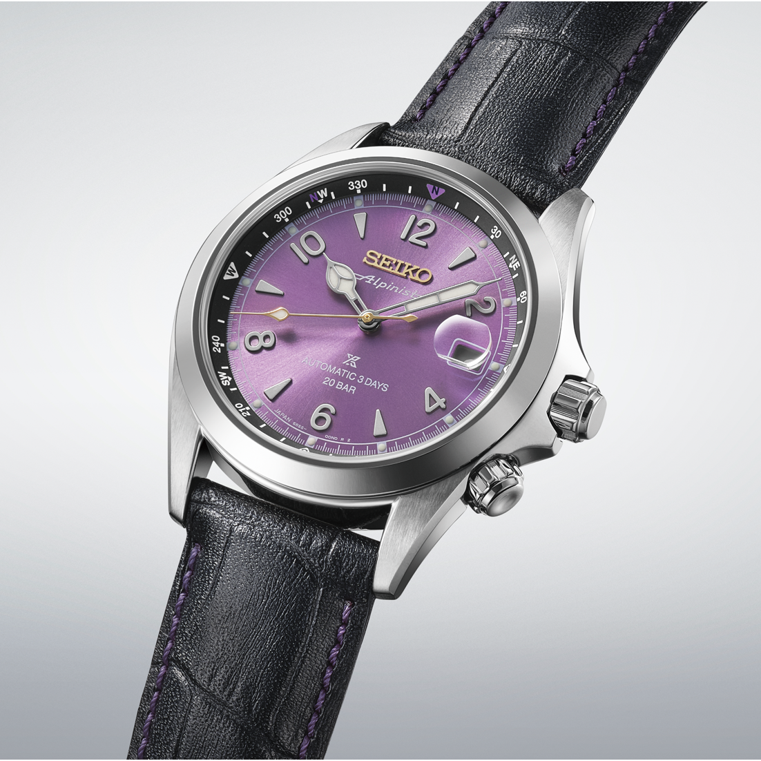 Seiko Prospex Alpinist 145th Anniversary Limited Edition with Edo purple dial, stainless steel case and black leather strap with purple stitching.