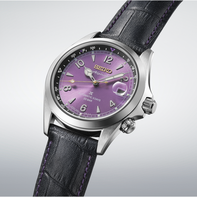Seiko Prospex Alpinist 145th Anniversary Limited Edition with Edo purple dial, stainless steel case and black leather strap with purple stitching.