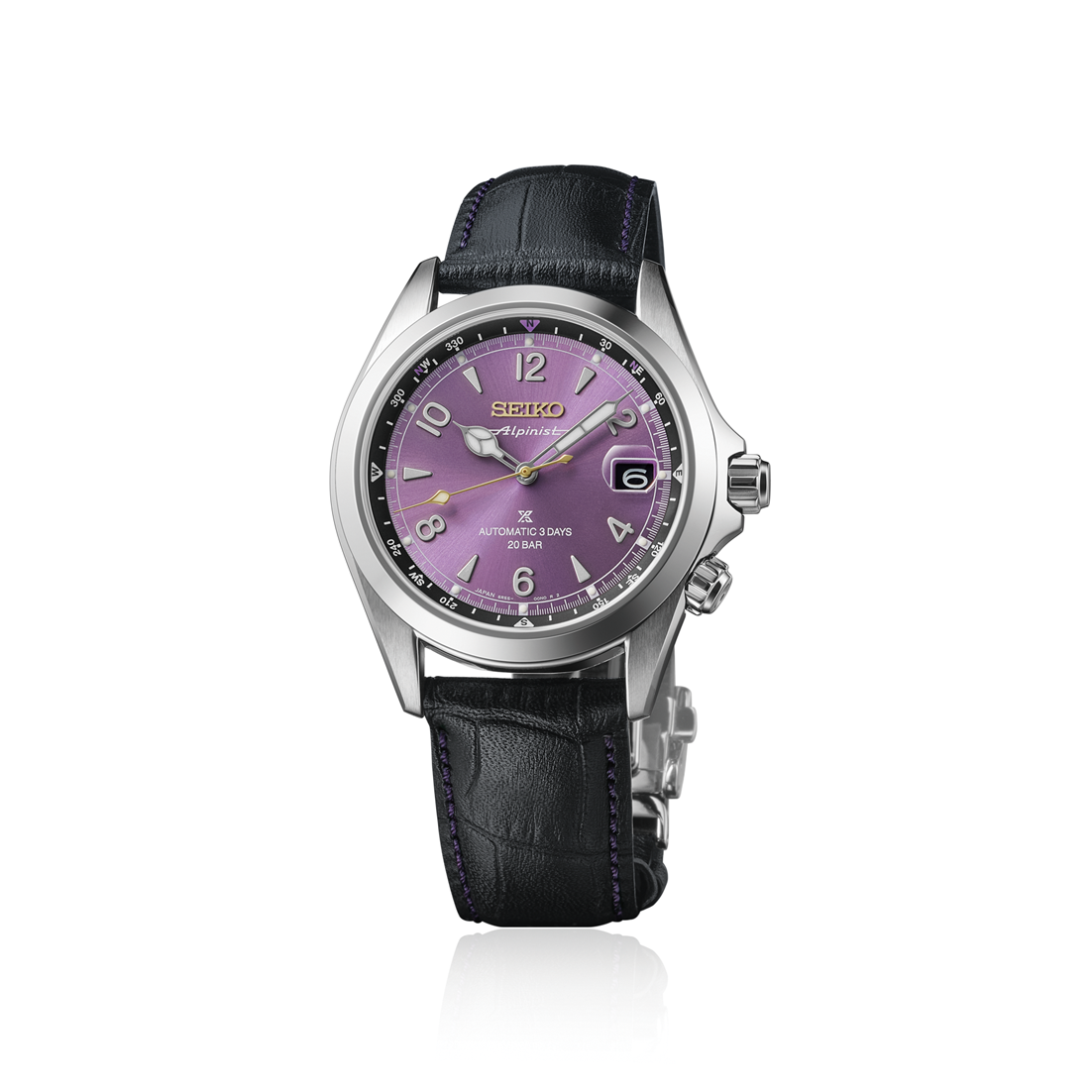 Seiko Prospex Alpinist 145th Anniversary Limited Edition watch with Edo purple dial, stainless steel case and black leather strap.