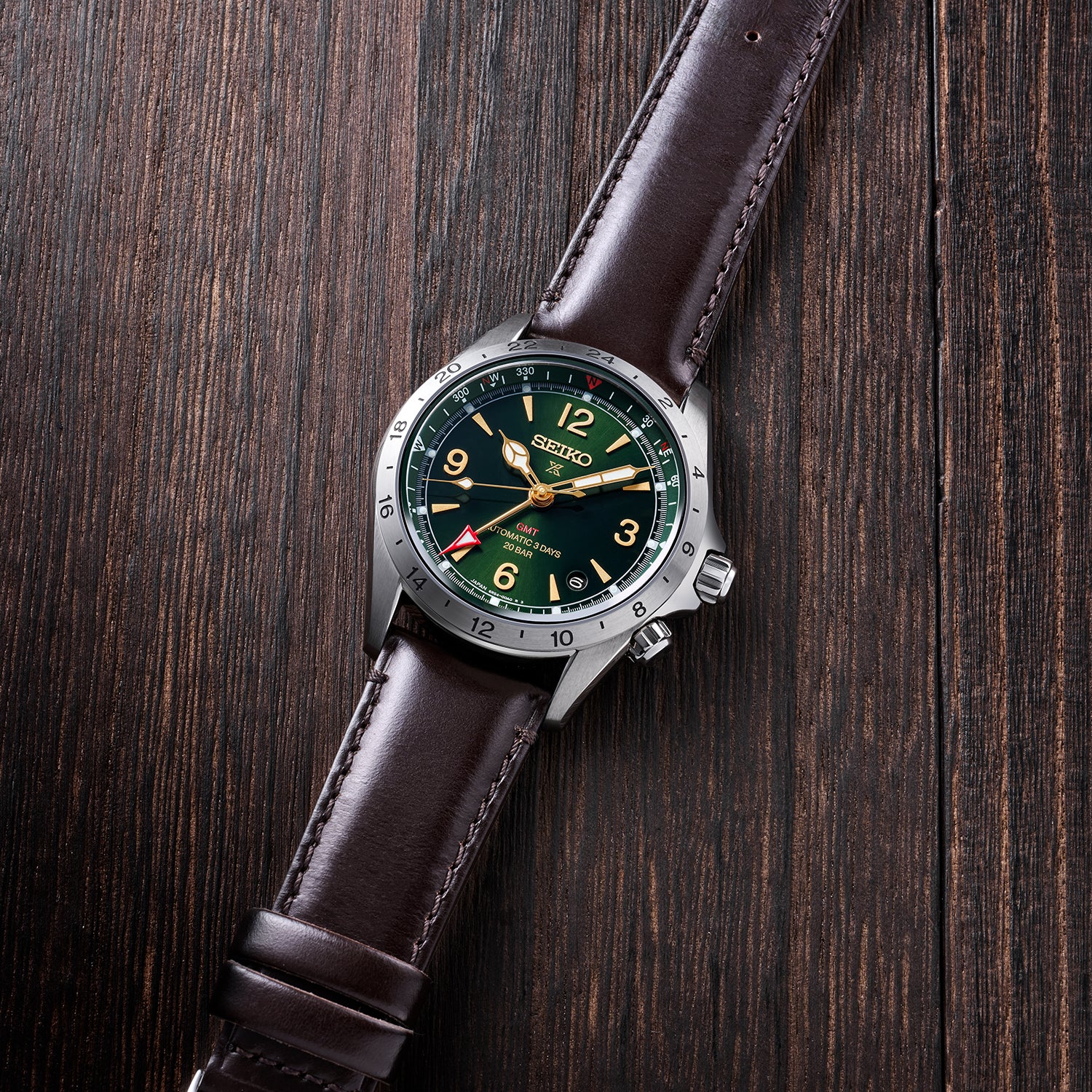 Seiko Prospex Alpinist Mechanical GMT Green Dial Leather Watch HBC007J1