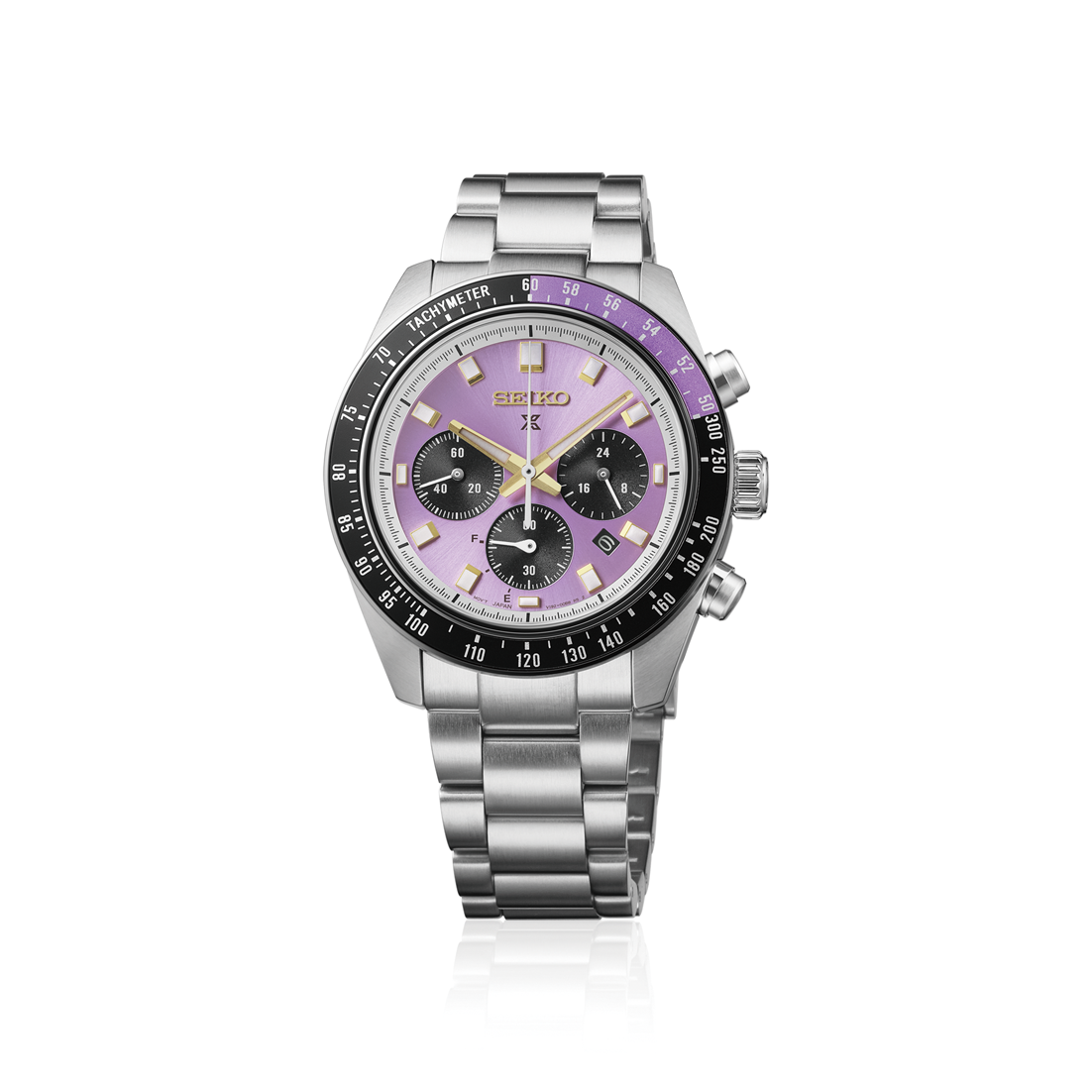 Seiko Prospex Speedtimer 145th Anniversary Limited Edition chronograph with purple dial, black tachymeter bezel and stainless steel bracelet.