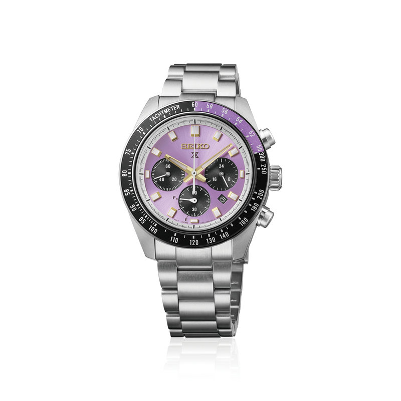 Seiko Prospex Speedtimer 145th Anniversary Limited Edition chronograph with purple dial, black tachymeter bezel and stainless steel bracelet.