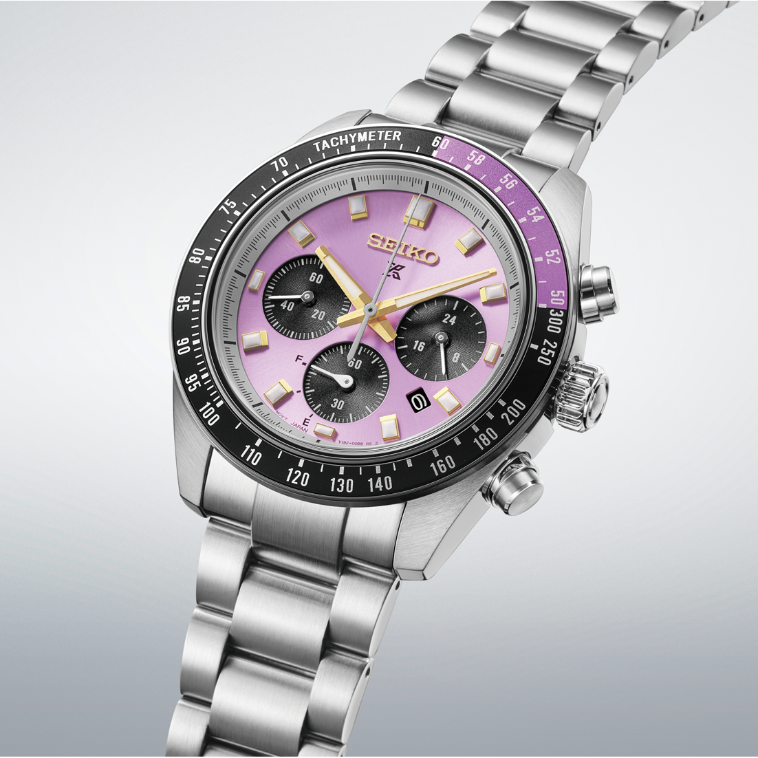Close-up of Seiko Prospex Speedtimer 145th Anniversary Limited Edition featuring a purple dial, black chronograph sub-dials and tachymeter bezel.