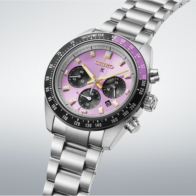Close-up of Seiko Prospex Speedtimer 145th Anniversary Limited Edition featuring a purple dial, black chronograph sub-dials and tachymeter bezel.