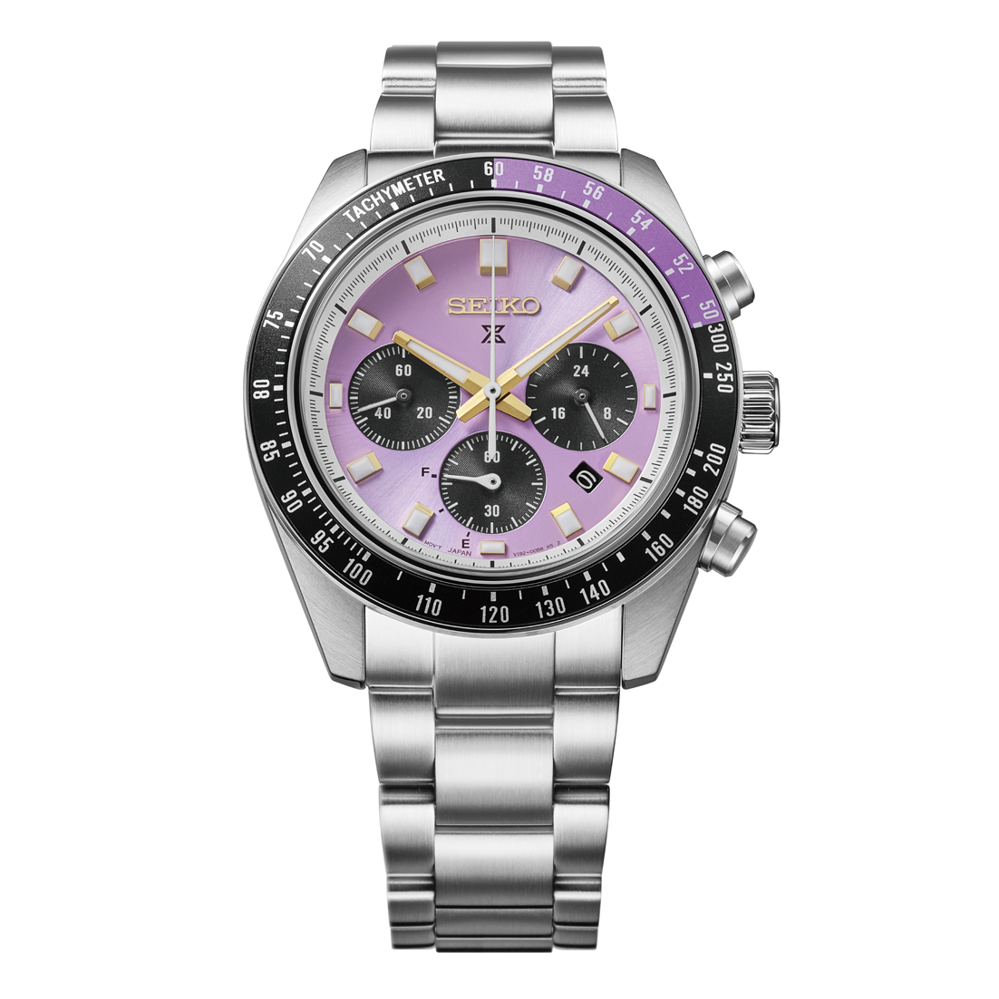 Seiko Prospex Speedtimer 145th Anniversary Limited Edition chronograph with Edo purple dial, black tachymeter bezel and stainless steel bracelet.