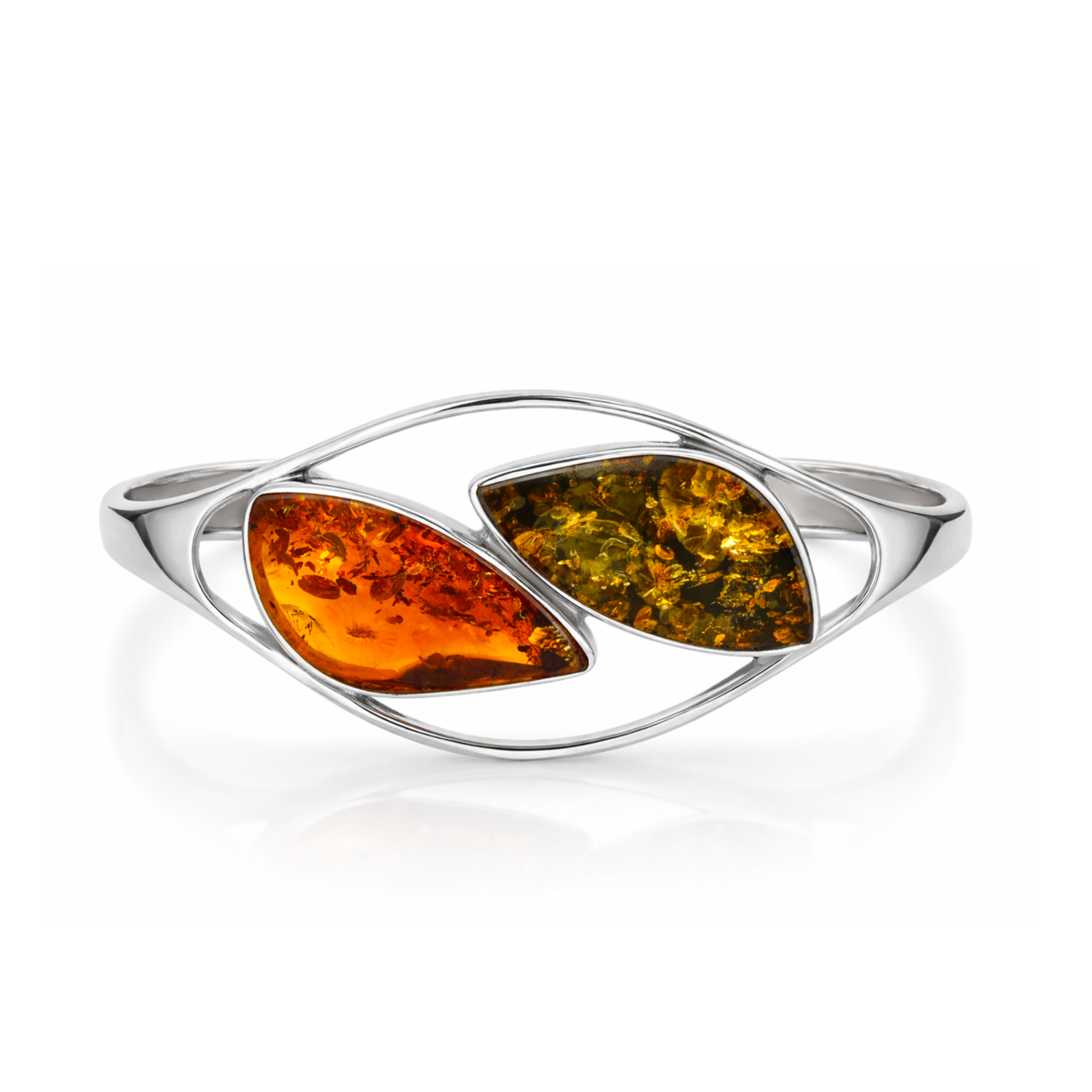 Sterling silver handmade bangle featuring orange and green Baltic amber stones in a flowing open design on a white background.