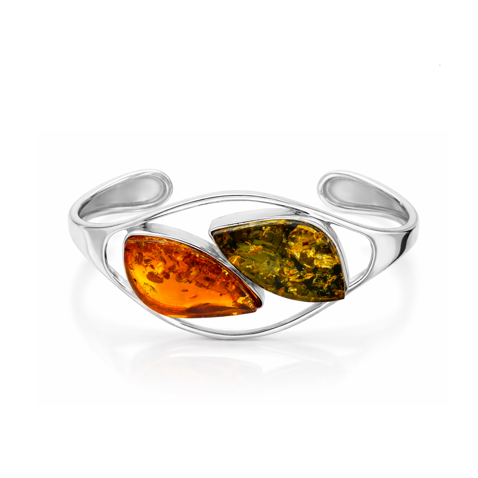 Sterling silver handmade bangle featuring orange and green Baltic amber stones in a flowing open design on a white background.