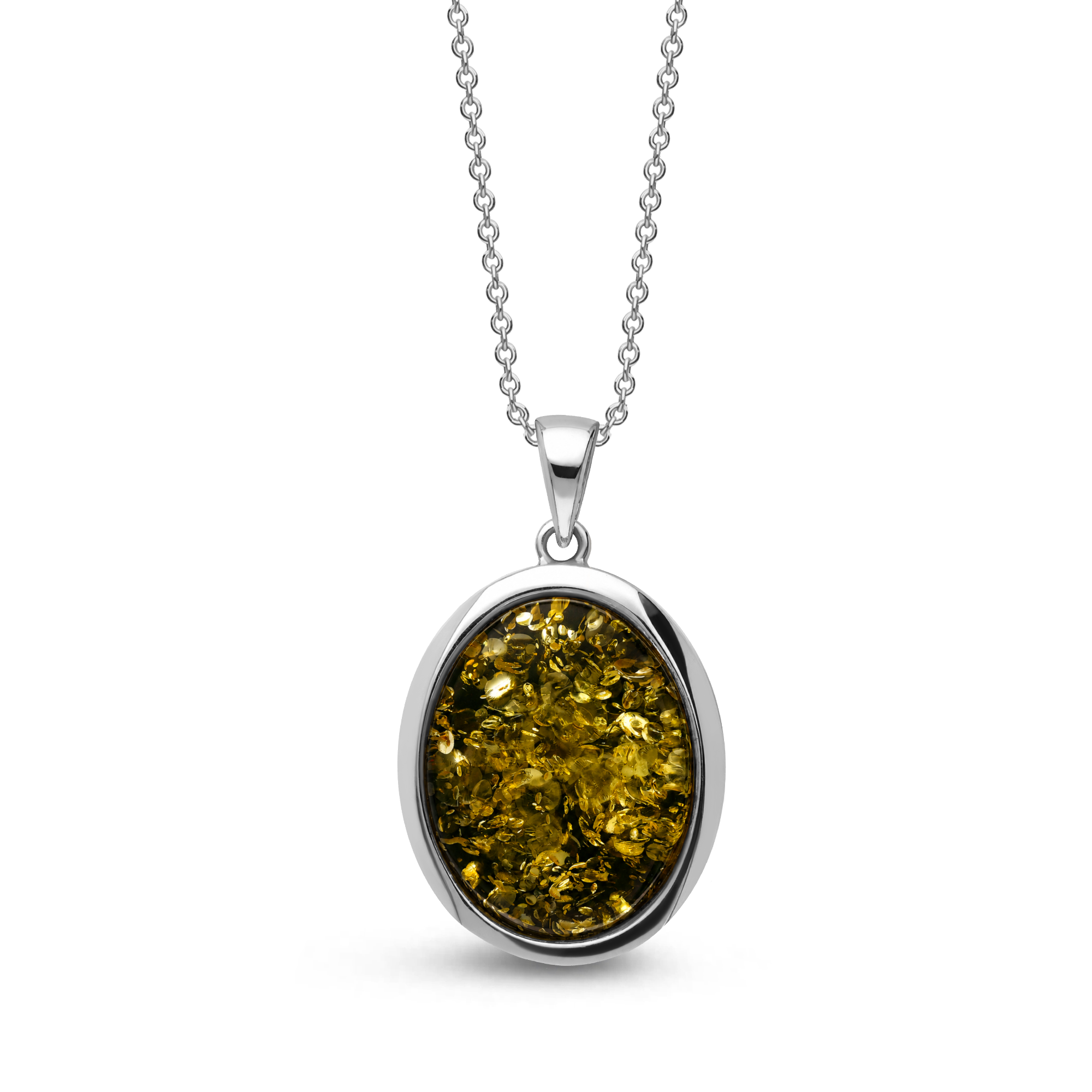 Sterling silver handmade oval pendant featuring green Baltic amber on a sterling silver chain against a white background.