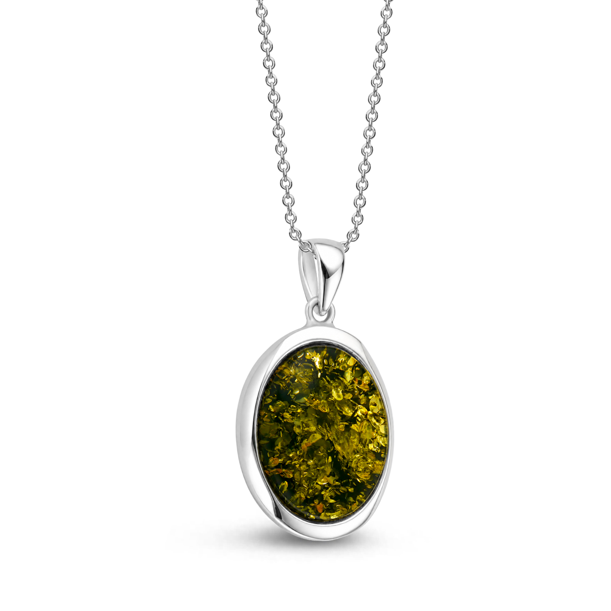 Sterling silver handmade oval pendant featuring green Baltic amber on a sterling silver chain against a white background.