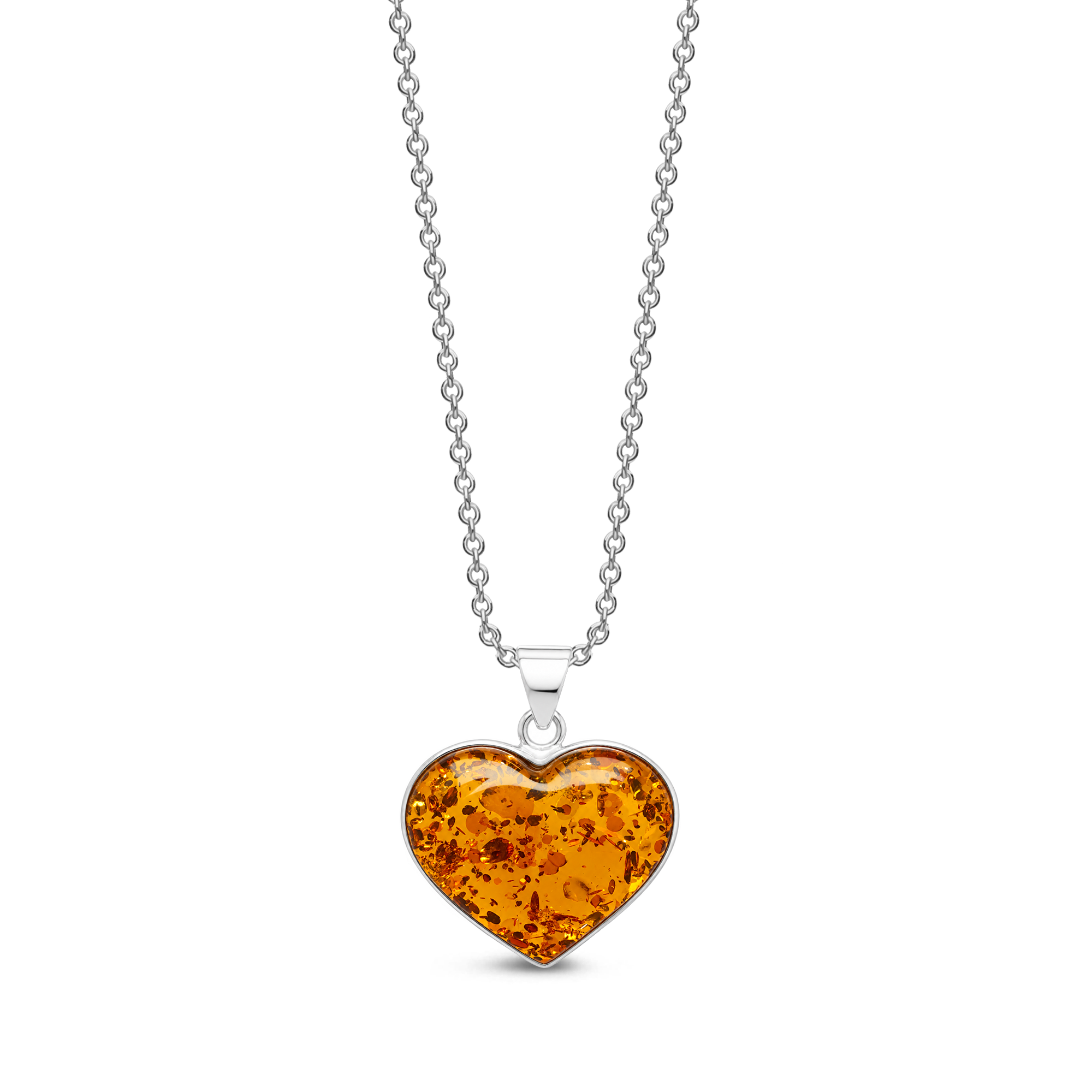 A heart-shaped amber pendant necklace on a silver ball chain, shown against a plain white background.