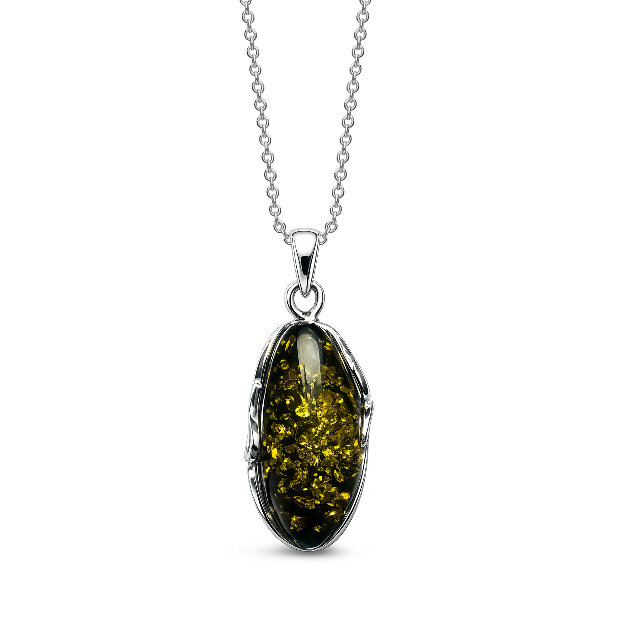 Handmade sterling silver pendant featuring an elongated oval green Baltic amber stone in a flowing silver setting on a white background.
