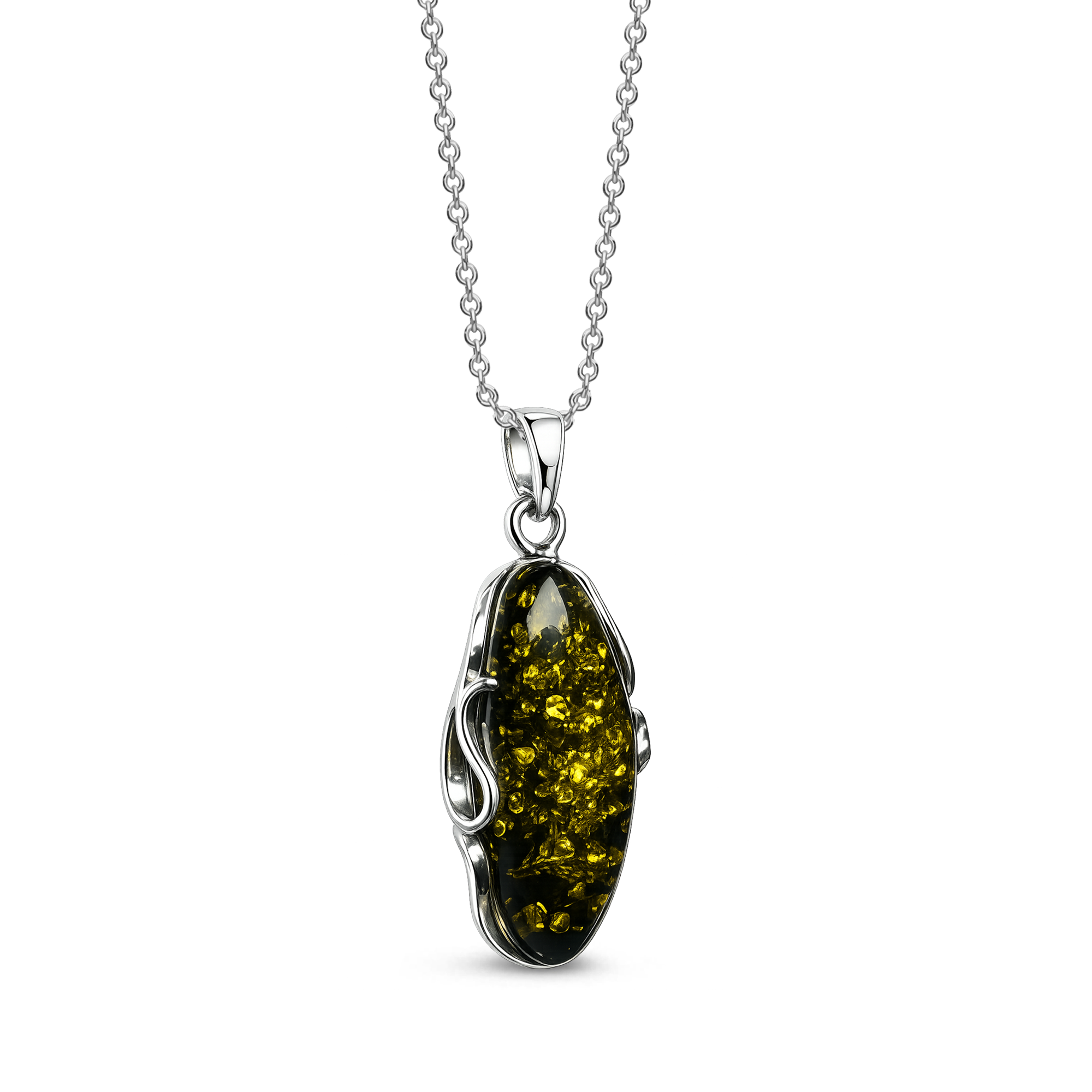 Handmade sterling silver pendant featuring an elongated oval green Baltic amber stone in a flowing silver setting on a white background.