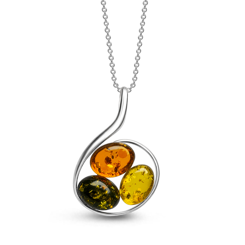Handmade sterling silver pendant featuring orange, yellow and green Baltic amber stones in a flowing circular design on a white background.