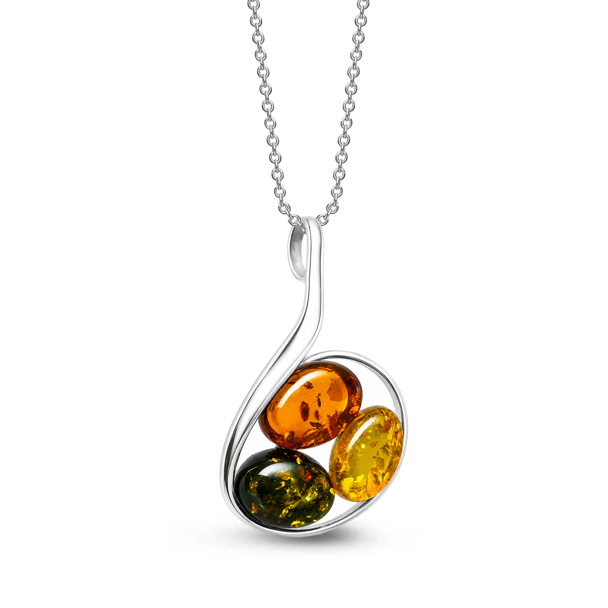 Handmade sterling silver pendant featuring orange, yellow and green Baltic amber stones in a flowing circular design on a white background.