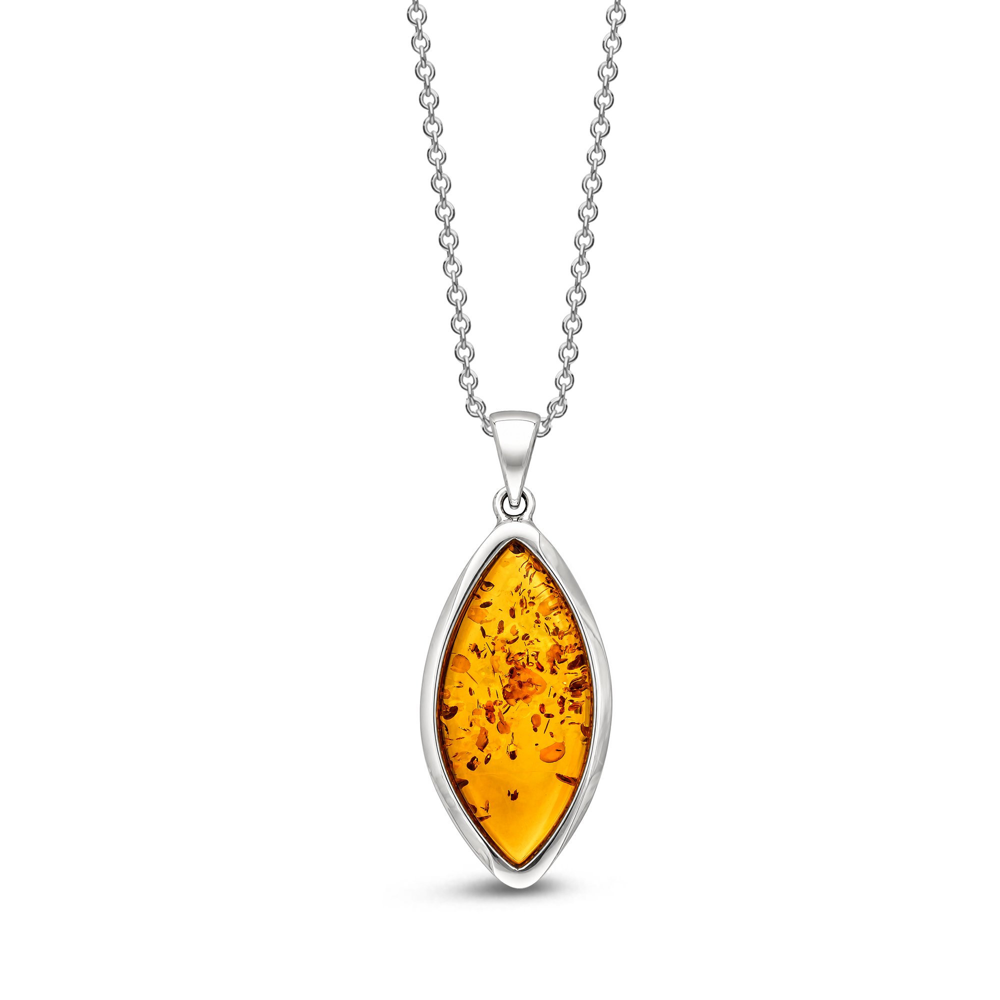 A silver chain necklace with a marquise-shaped amber pendant, displayed against a solid white background.