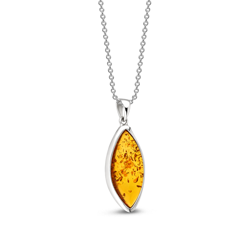A silver chain necklace with a marquise-shaped amber pendant, displayed against a solid white background.