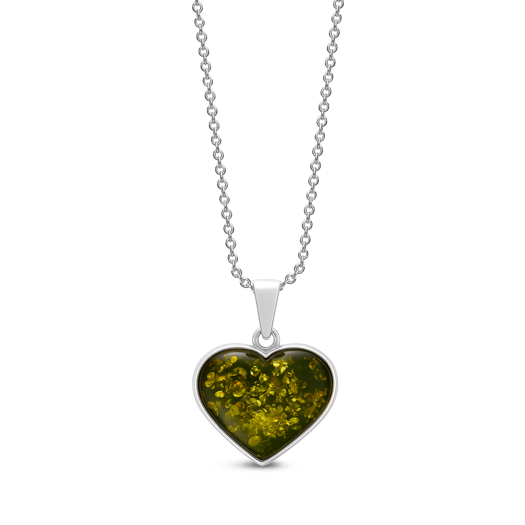 Handmade sterling silver heart pendant featuring a large green Baltic amber stone on a silver chain against a white background.