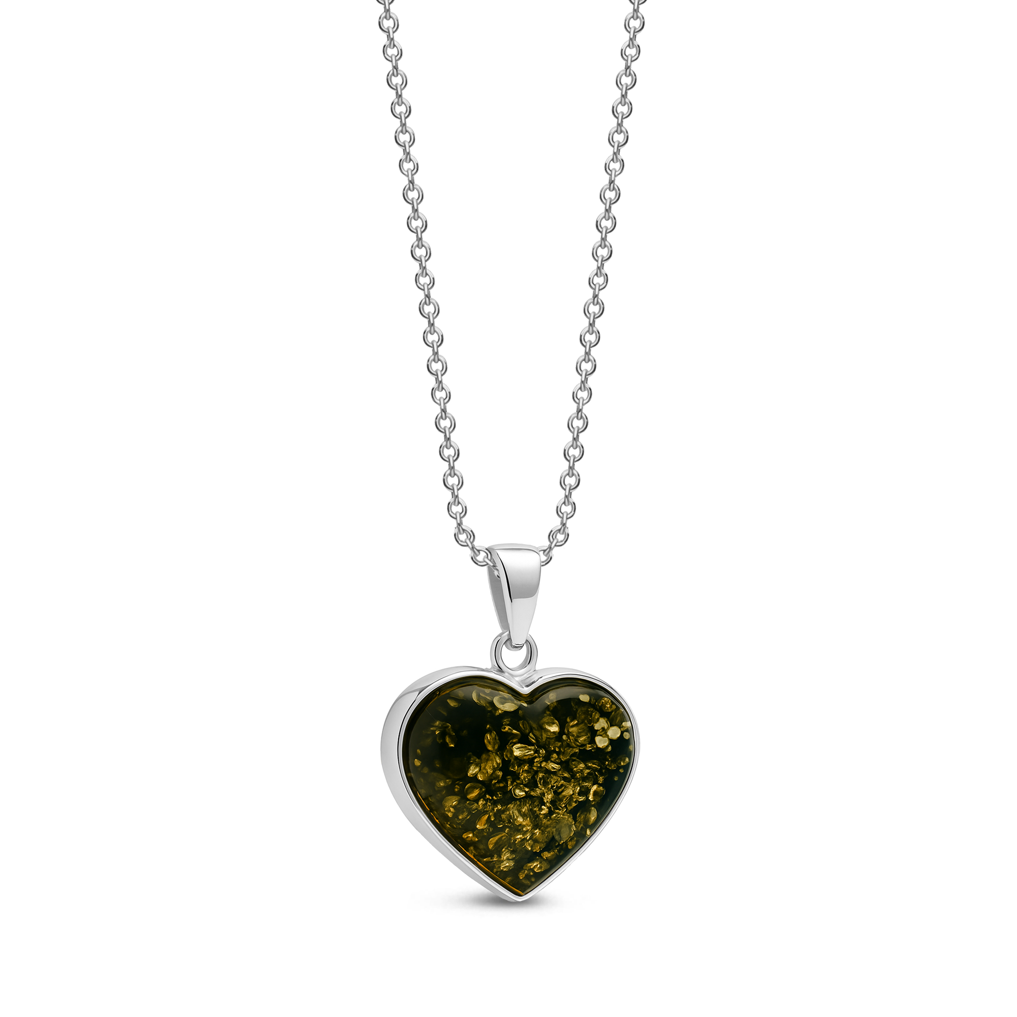 Handmade sterling silver heart pendant featuring a large green Baltic amber stone on a silver chain against a white background.