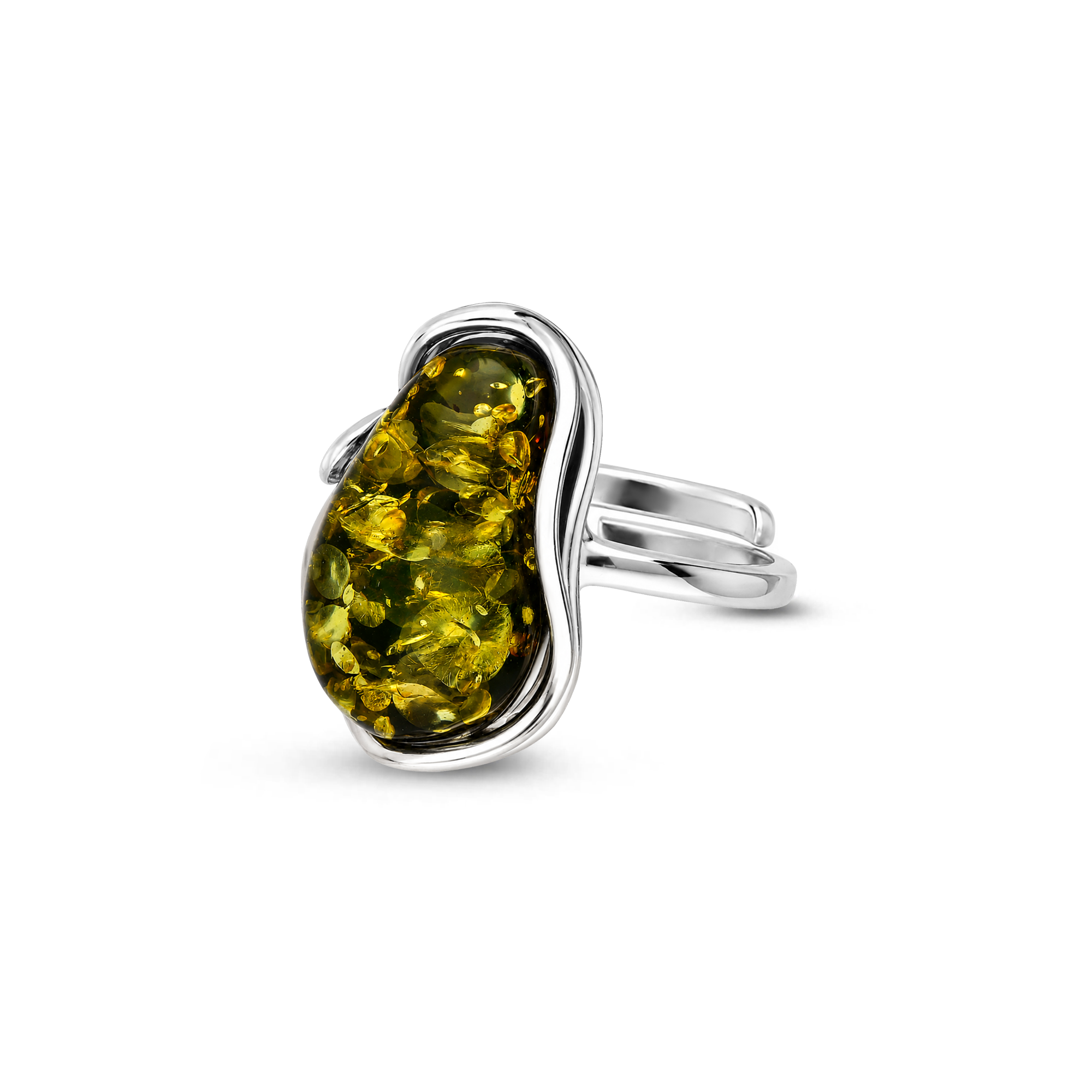 A silver ring featuring a large, organic-shaped olive green amber stone, set on a clean white background.