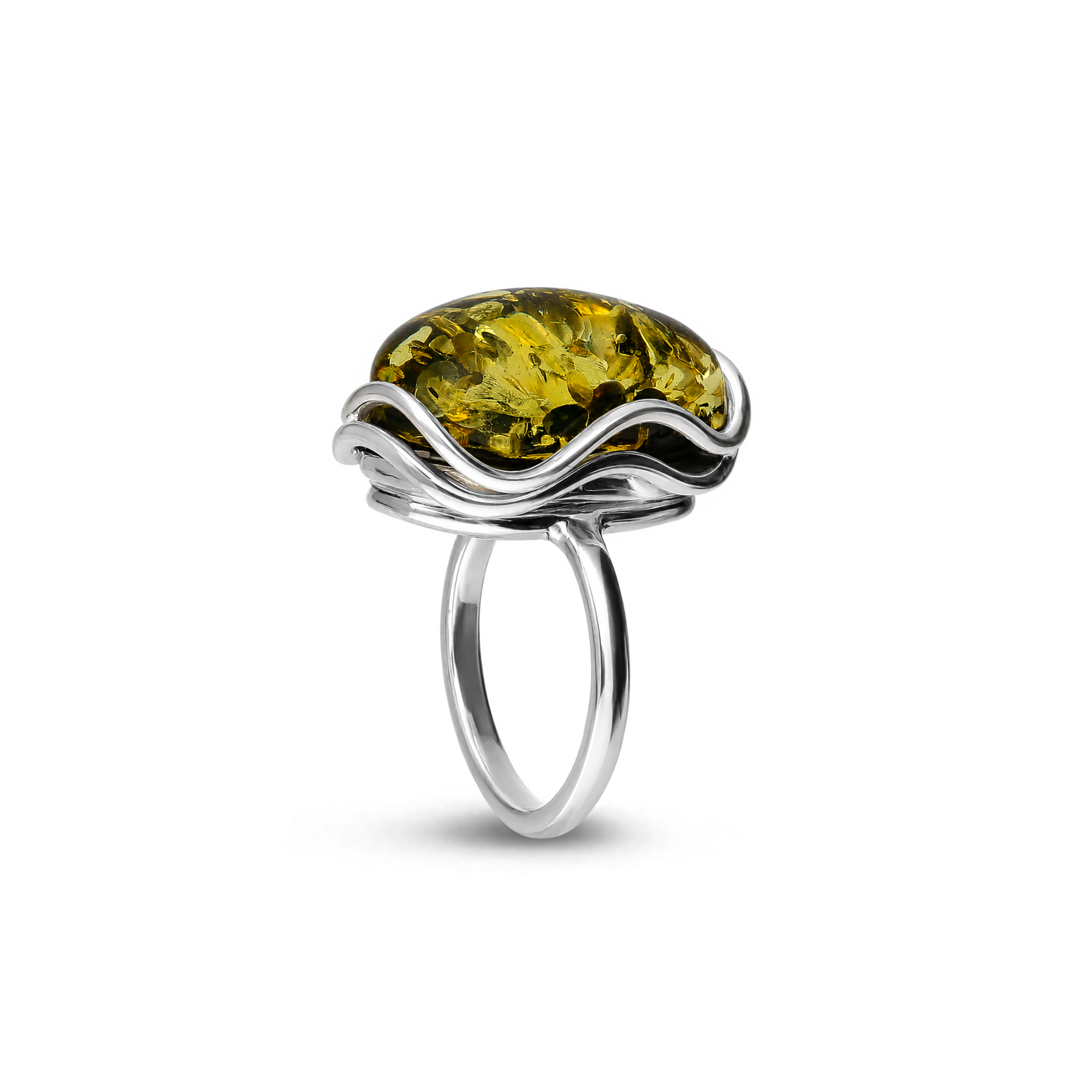 A silver ring featuring a large, organic-shaped olive green amber stone, set on a clean white background.