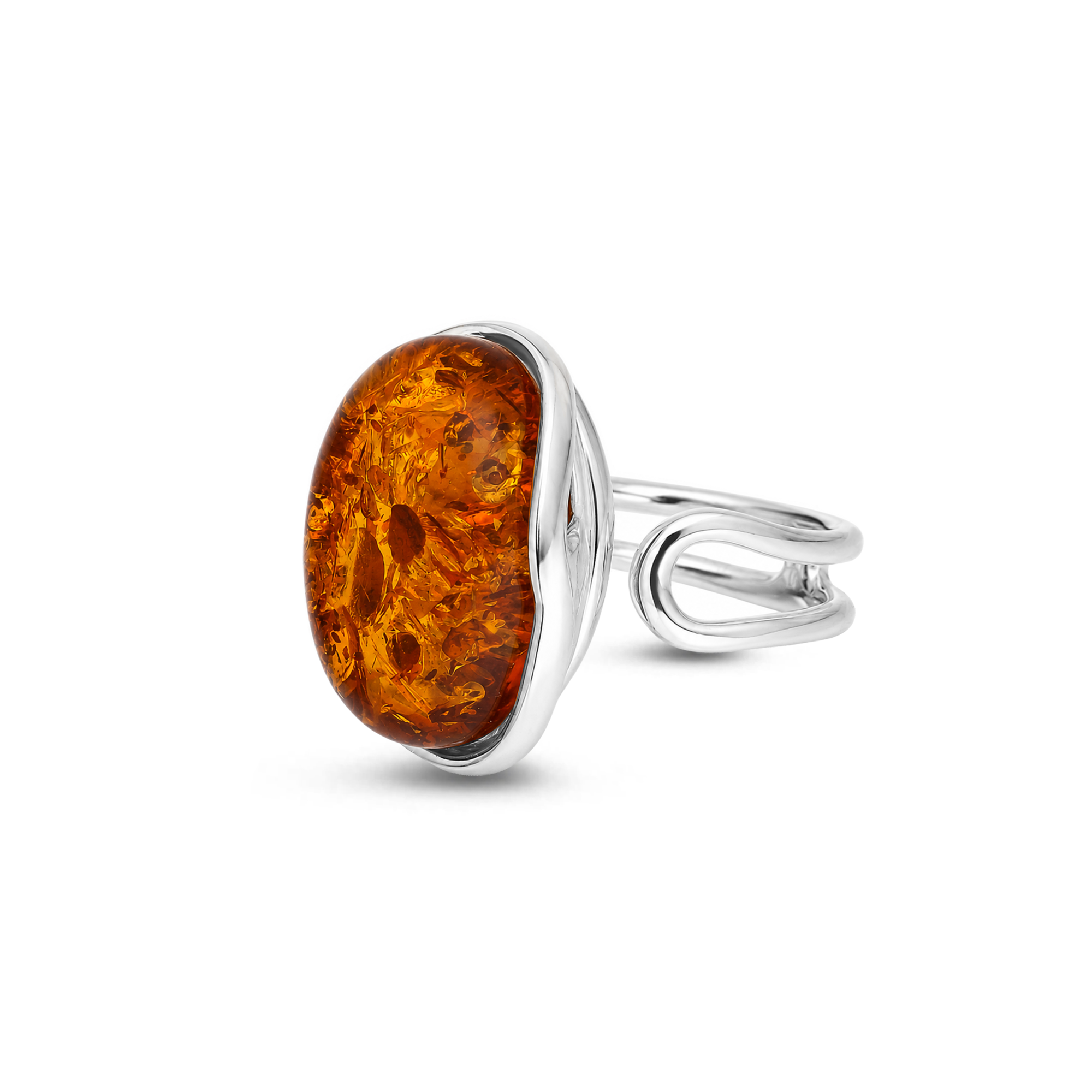 Handmade sterling silver ring featuring a large oval orange Baltic amber stone with a flowing open band on a white background.