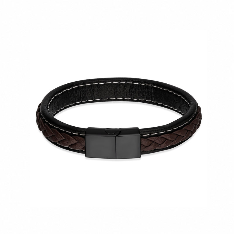 Stainless Steel Black And Brown Pleated Leather Bracelet