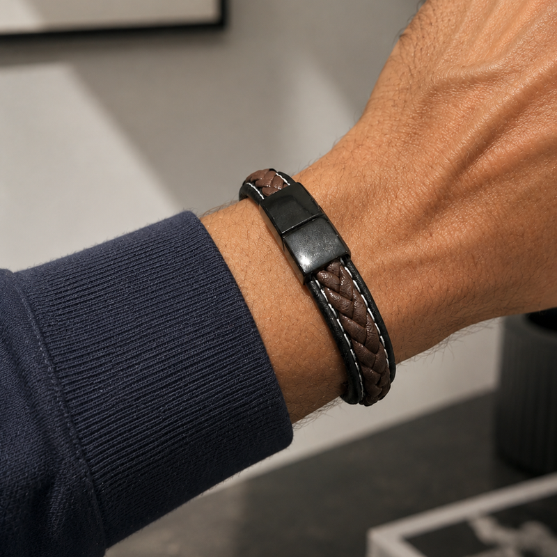 Stainless Steel Black And Brown Pleated Leather Bracelet