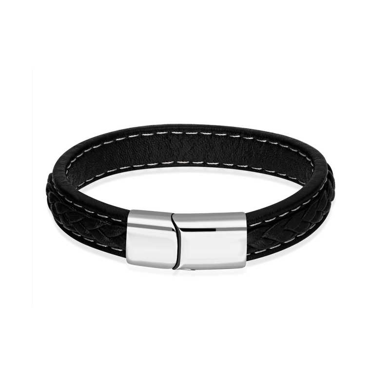 Stainless Steel Black Pleated Leather Bracelet