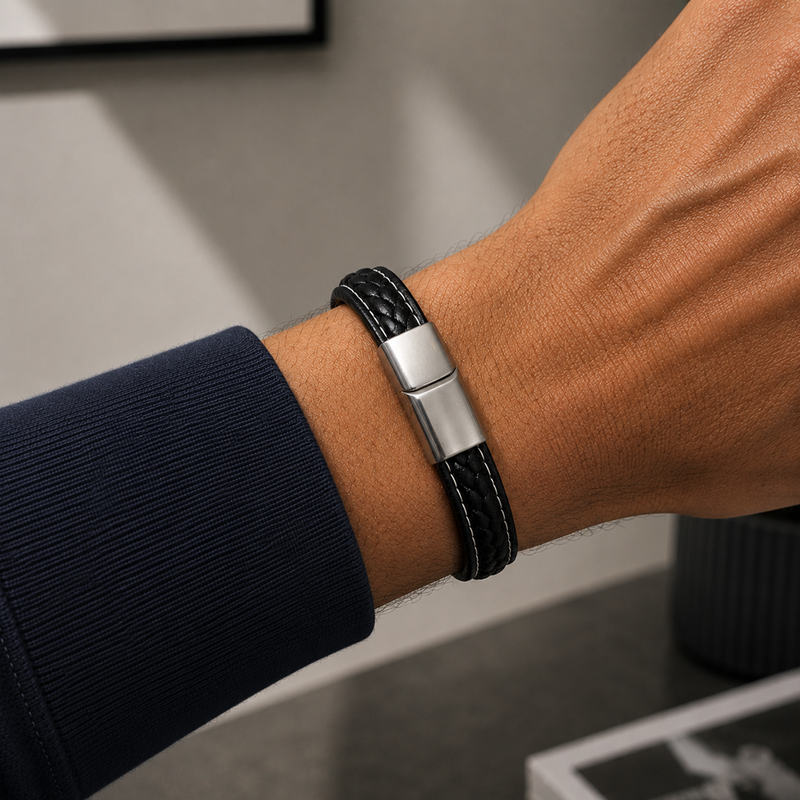 Stainless Steel Black Pleated Leather Bracelet