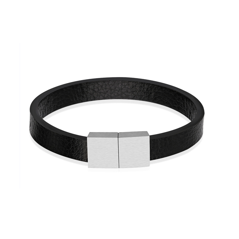 Stainless Steel Black Leather Bracelet with Brushed Clasp
