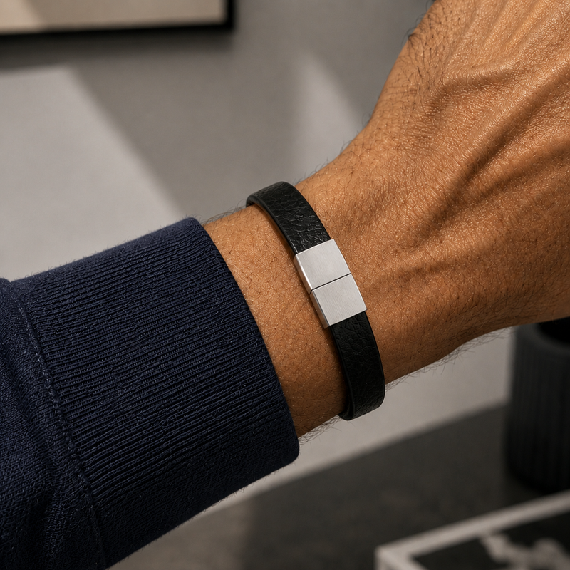 Stainless Steel Black Leather Bracelet with Brushed Clasp