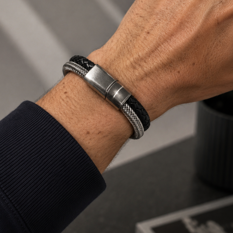 Stainless Steel and Leather Twin Rope Bracelet