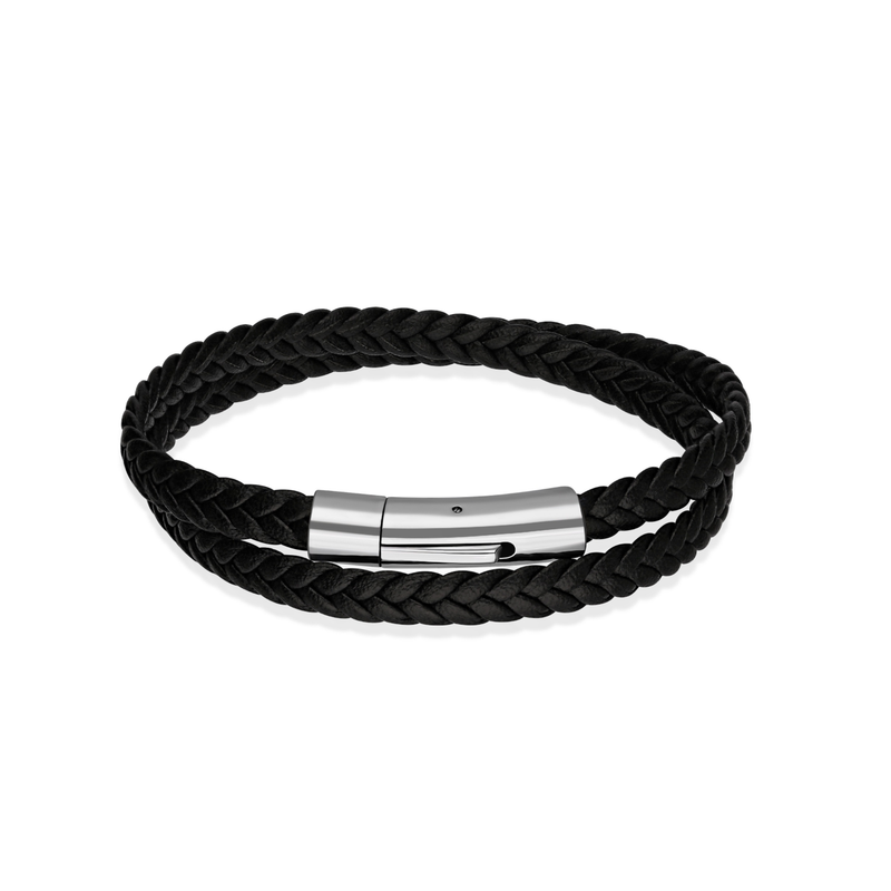 Stainless Steel Black Leather Double Rope Bracelet