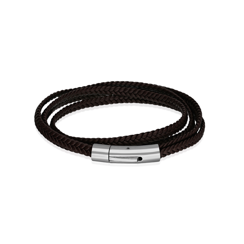 Stainless Steel Brown Leather Double Band Rope Bracelet
